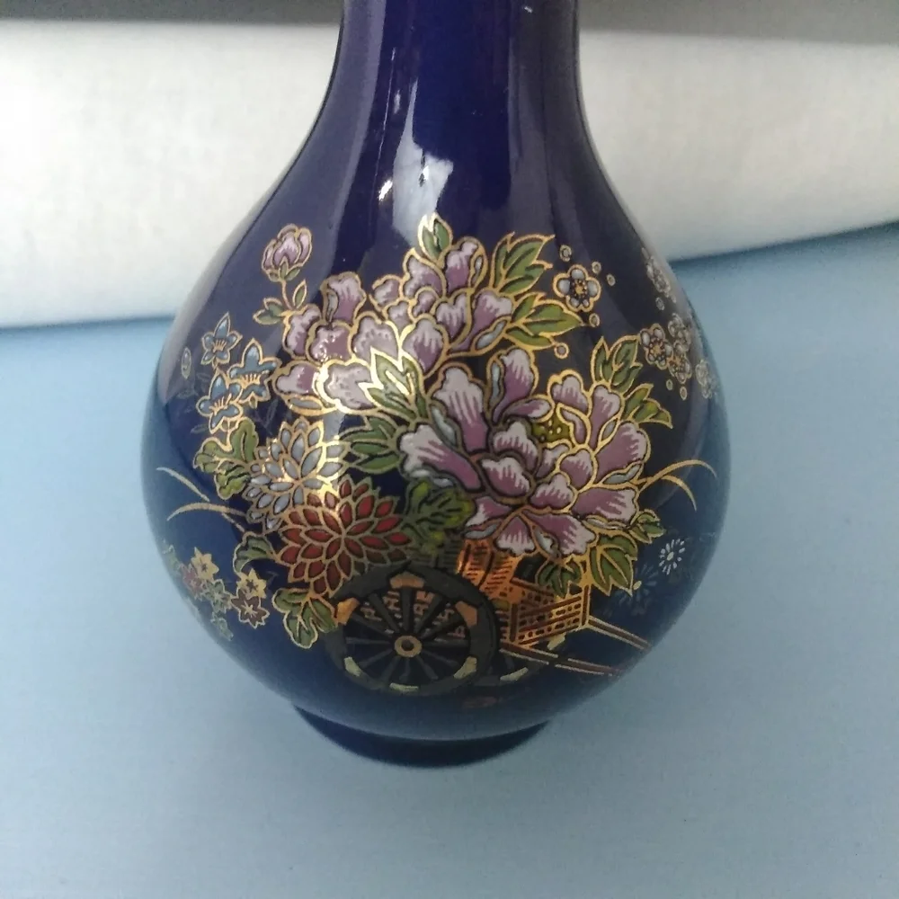 Kutani Japanese Blue Metallic Floral Mini Flower Collectable Plant Vase Decor